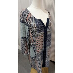 Halo Bohemian Patchwork Print Button Front Tunic Top 3/4 Sleeve Women's